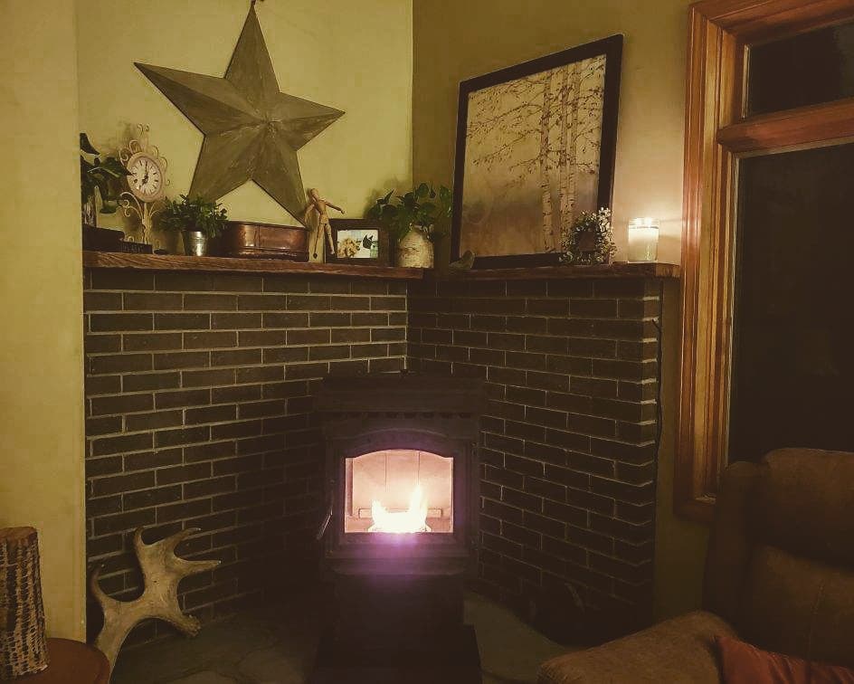 Dark clay brick and tumbled bluestone were used to make this heat shield and hearth